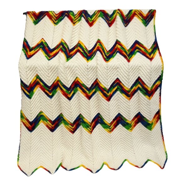 Hand Crochet Chevron Rainbow Afghan Cream Primary Colors Acrylic - Picture 1 of 5